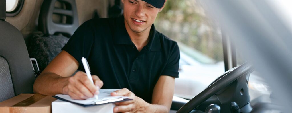 WHG Exeter Delivery driver signing for parcel